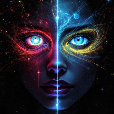 The primary subject of the image is a woman with blue eyes and a red and yellow background. The setting is a space background, and the visual style is digital art. The colors and mood of the image are vibrant and energetic, with the woman's eyes being the focal point.